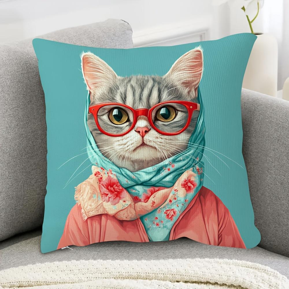 

Funny Cat Cushion Cover Cute Cat in Glasses and Scarf Pillowcase Cartoon Animal Art Sofa Throw Pillow 40cmx40cm