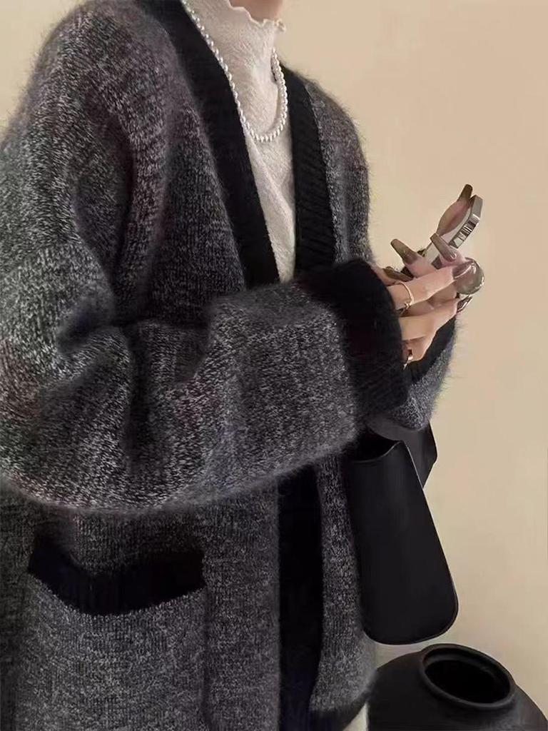 Women's Mid-Length Thick Wool V-Neck Cardigan - Versatile Buttoned Cashmere Coat for Autumn and Winter