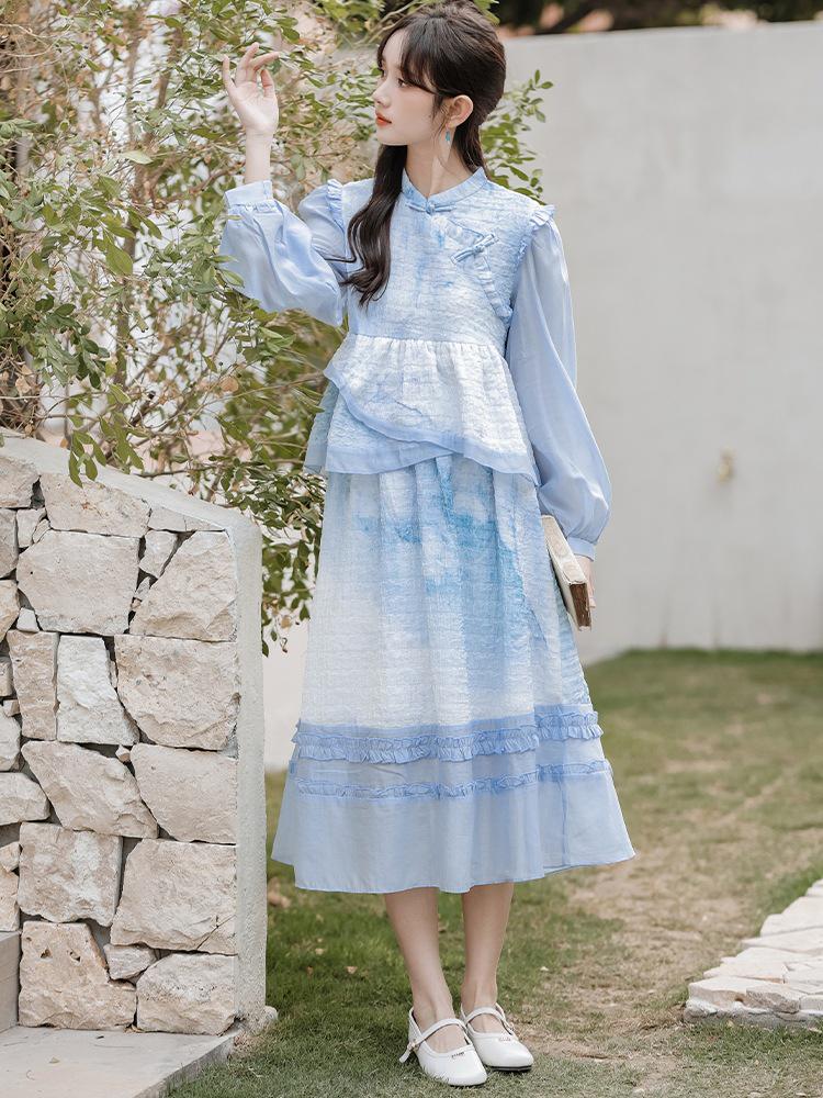 

Новый весенне-осенний китайский комплект из двух предметов: юбка и топ, белого/голубого цвета луны, для женщин L