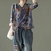 Stylish Shirring Drawstring Blouse Spring Autumn Folk Printed Chinese Disc Buckle Female Clothing Loose Casual V-Neck Shirt