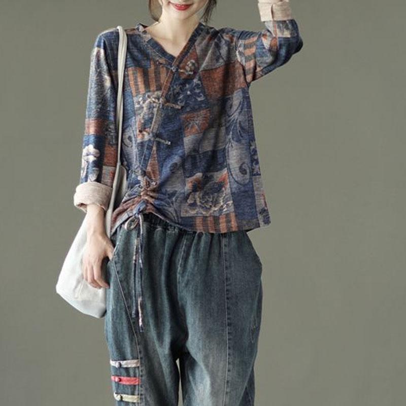 Stylish Shirring Drawstring Blouse Spring Autumn Folk Printed Chinese Disc Buckle Female Clothing Loose Casual V-Neck Shirt