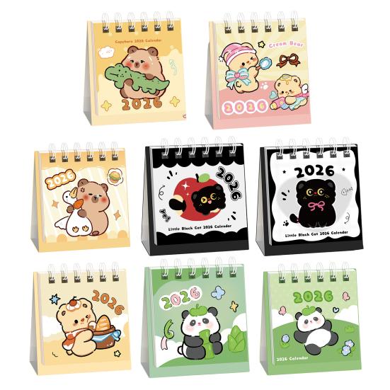 2026 Mini Tischkalender Kawaii Delfin Bär Katze Bilder Bürodeko mit Spiralbindung