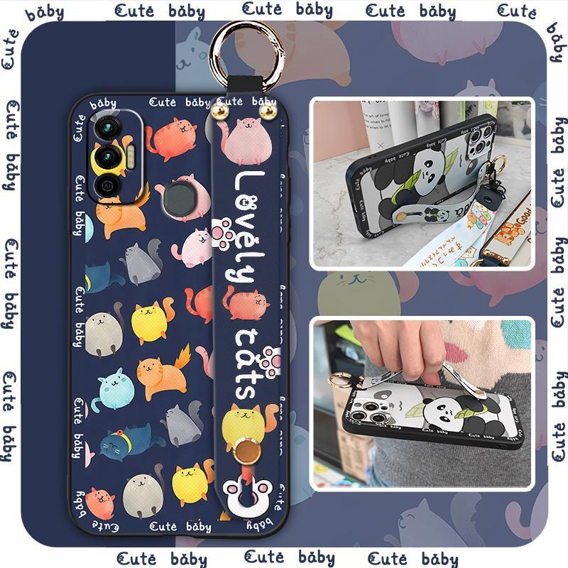 Silicone Anti-knock Phone Case For Tecno Spark 7/Spark7T Anti-dust Wrist Strap Cartoon Phone Holder Fashion Design Ring