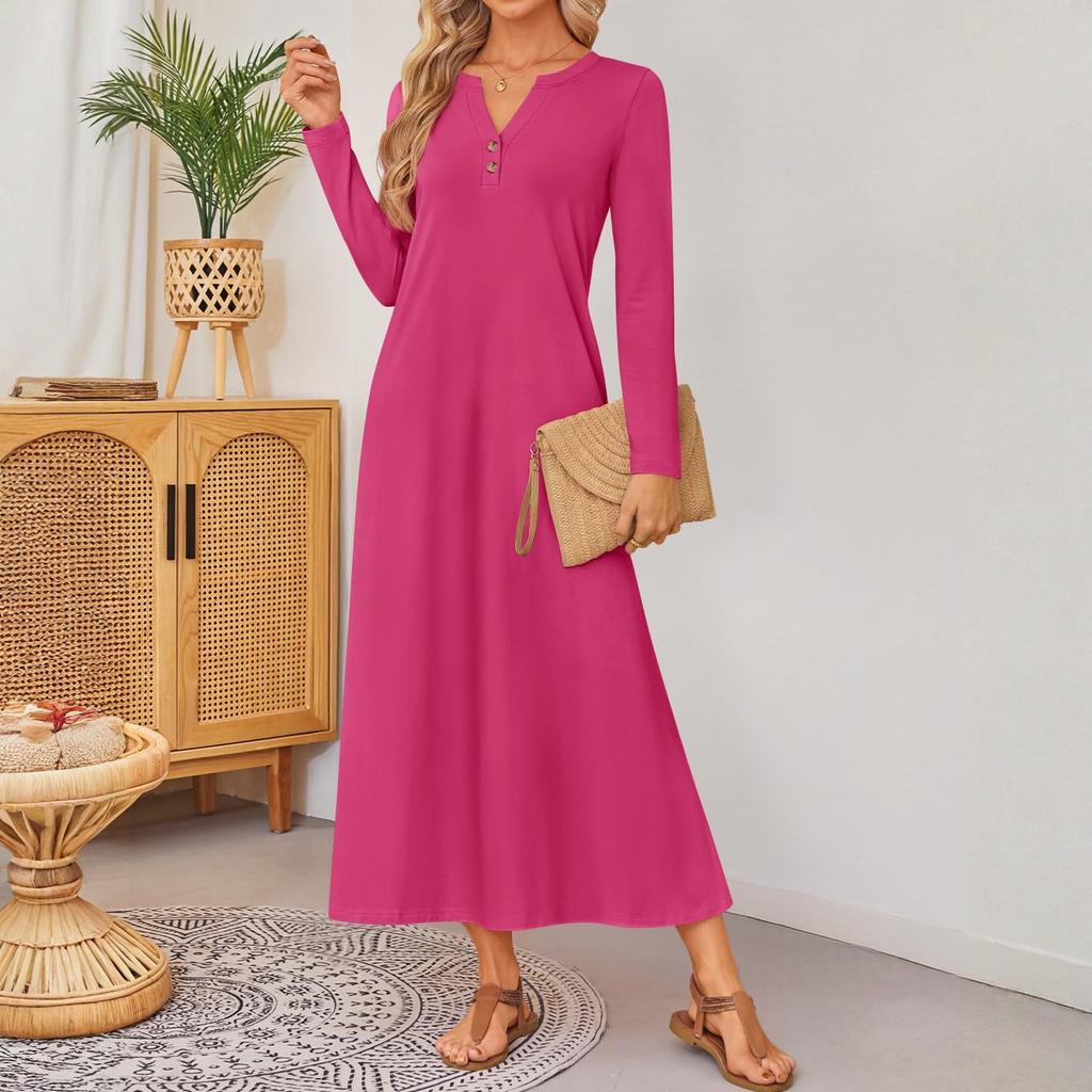 Women Solid-color Long-sleeved Comfortable Loose Dress, Elegant Dress