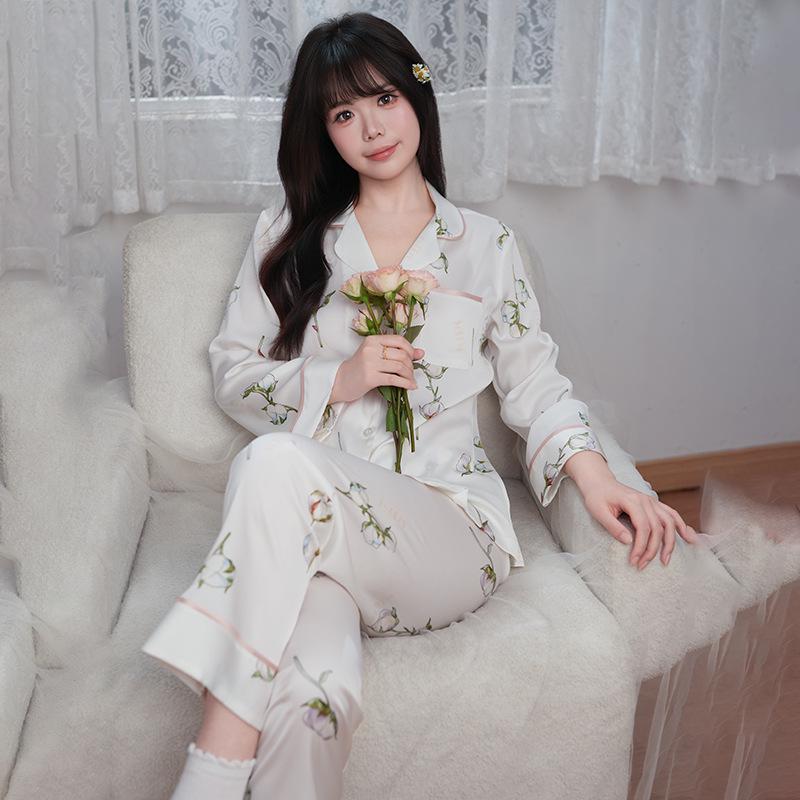 Women's Acetate Pajamas - Spring/Autumn, Ice Silk, Long Sleeve, Plus Size, Printed Cardigan Set, High-End Home Wear