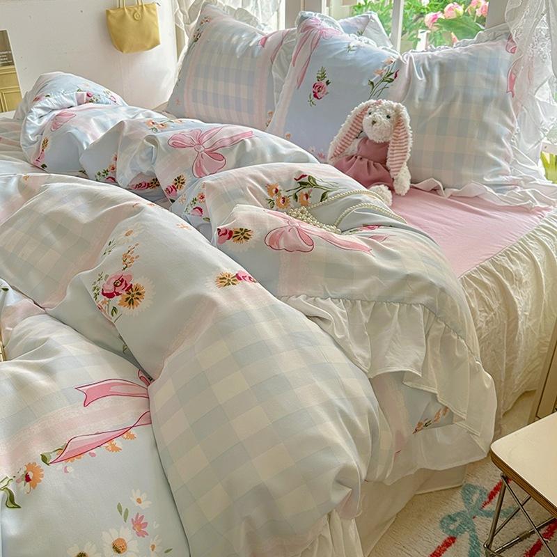 Small Fresh Pure Cotton Four-piece Set Lace Korean Version Princess Style Washed Cotton Bed Skirt Quilt Cover Cream Style Bedding