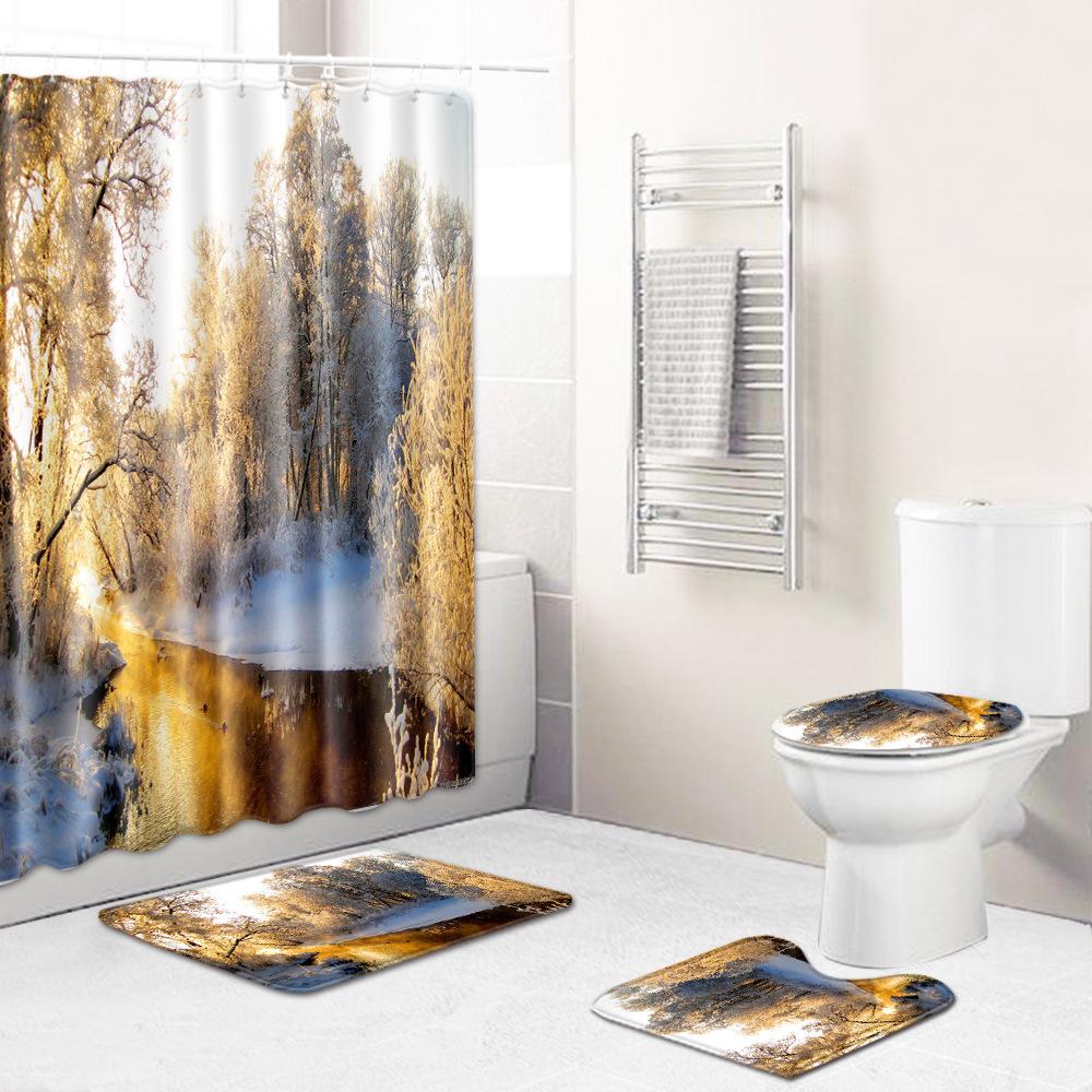 Landscape Shower Curtain Floor Mat Combination Four-Piece Set Bathroom Floor Mat Household Door Mat Bedroom Living Room Carpet