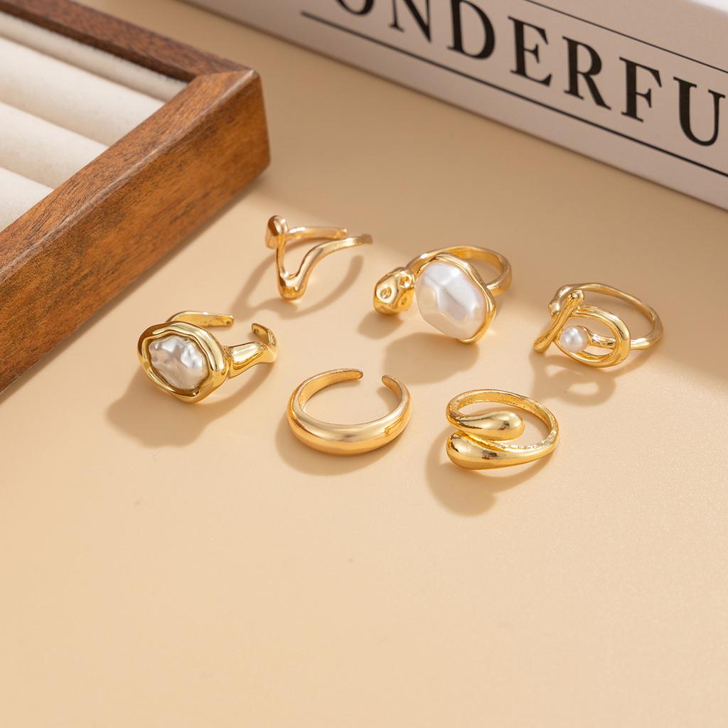 6Pcs/Set Bohemia Vintage Metal Petal Flower Open Rings for Women Trend Baroque Pearl Geometric Ring Daily Jewelry Gift