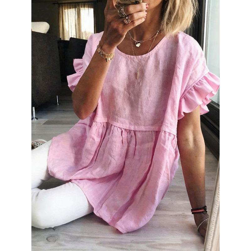 Womens Solid Color Round Neck Ruffle Short Sleeve High Waist Peplum Blouse