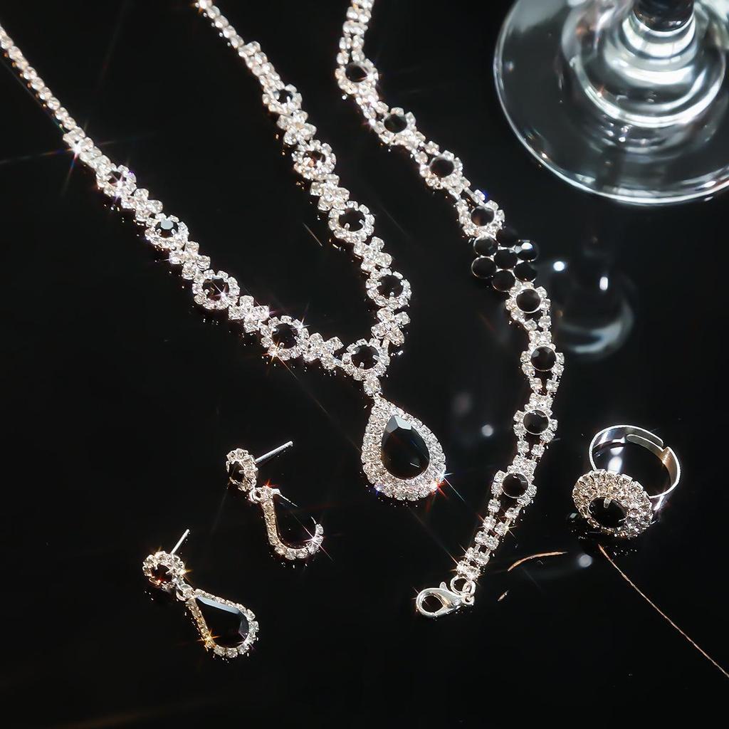 European & American Multi-Color Rhinestone Jewelry Set: Green, Blue & Red Necklace, Earrings, Bracelet & Ring