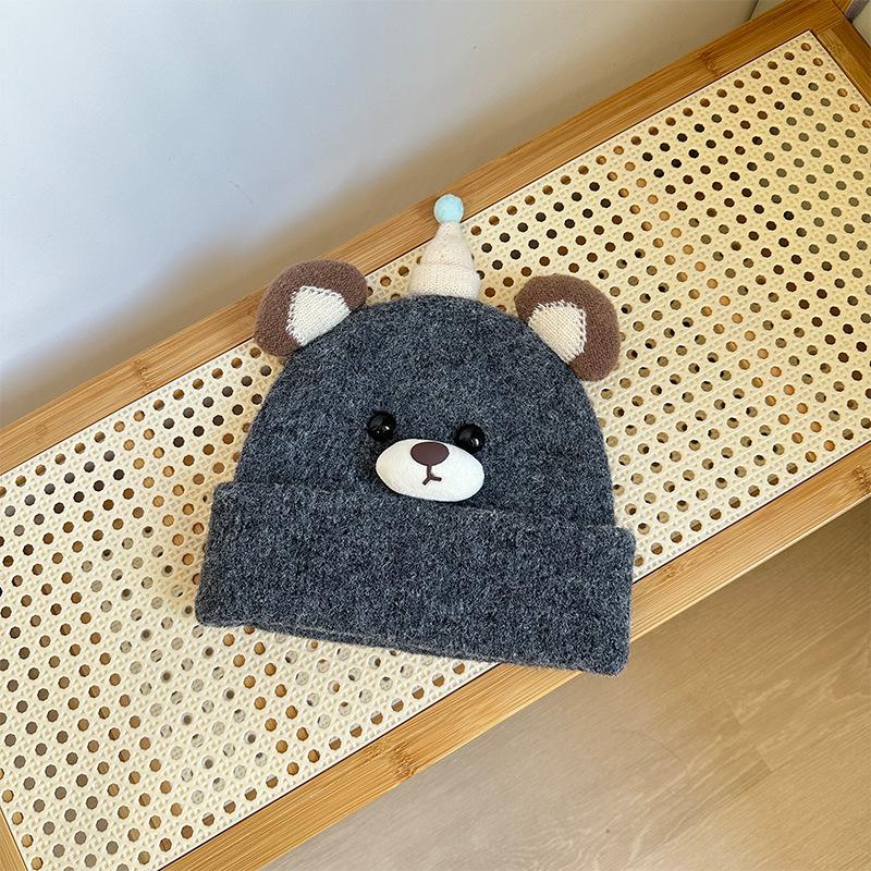 Autumn and Winter Children's Hats Cute Bear Wool Knitted Hat Double Layer Warm and Cold-proof Ear Protection Hat Pullover Woolen Hat