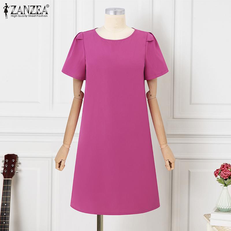 ZANZEA Damen Sommerkleid Lässig Rundhals Puffkurzarm