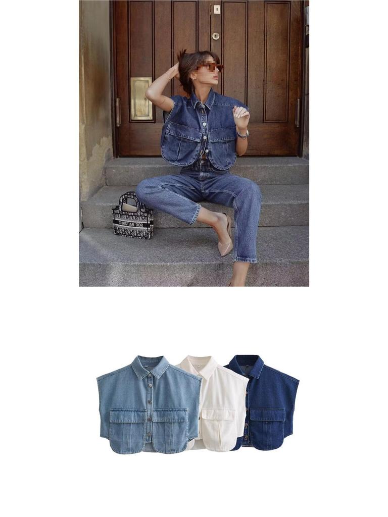 Women's Patchwork Irregular Polo Collar Denim Cardigan Top