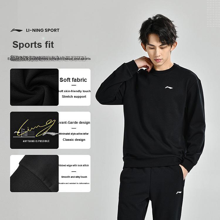 Li Ning Solid Color Loose Fit Drop Shoulder Pullover Long Sleeve Sweatshirt Unisex Sweatshirt Black AWDUG77-1