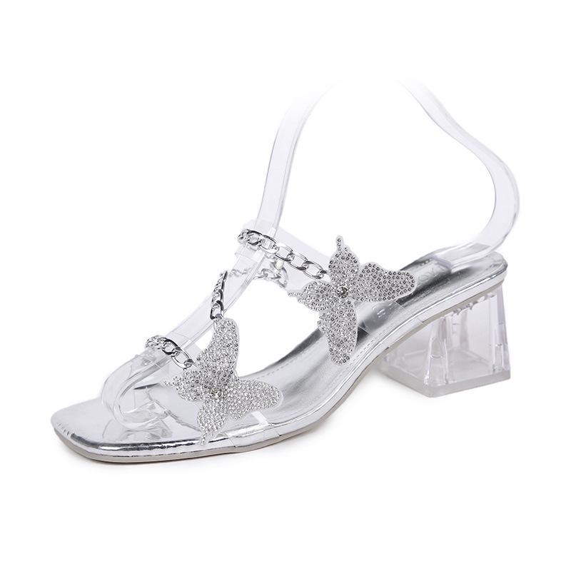 High Heels Women's New Chain Butterfly Sandals In the Summer of 2024 Women's Versatile Rhinestone Crystal High-heeled Slippers