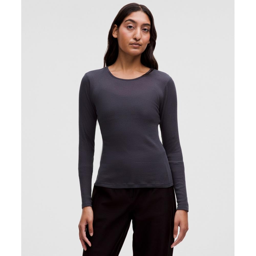 

Lululemon Sheer Cotton Ribbed Crewneck Long Sleeve Shirt Black Night XXXS