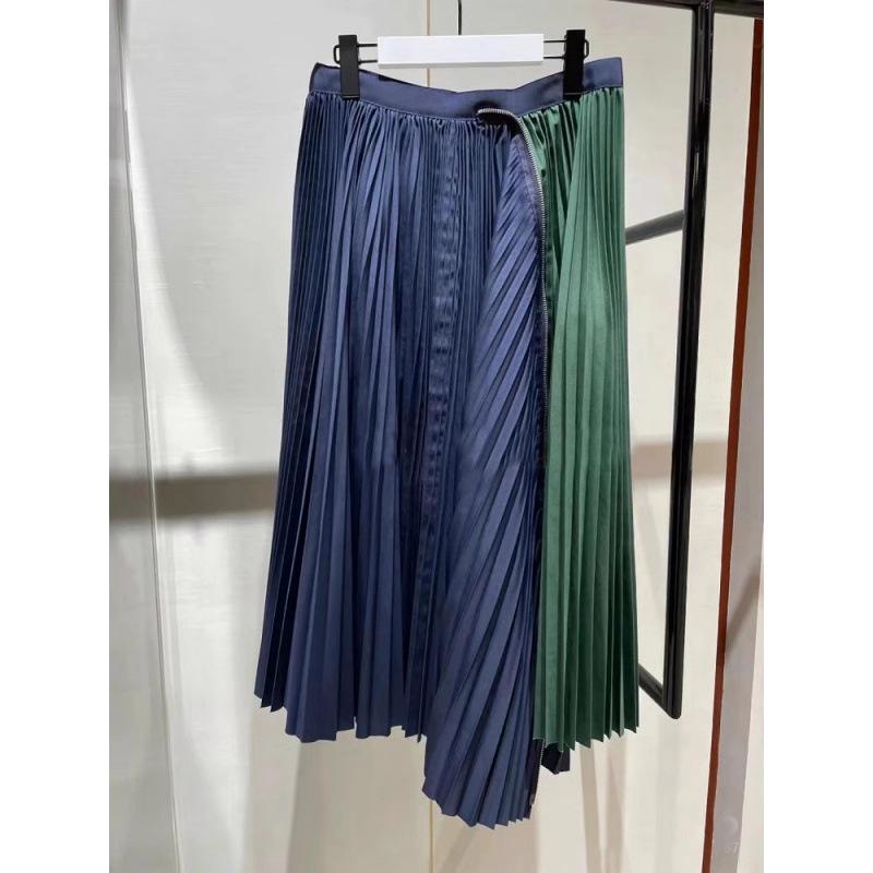 FOG SACAI SS23 Striped Patchwork Zipper Midi Skirt - Casual Pleated Design