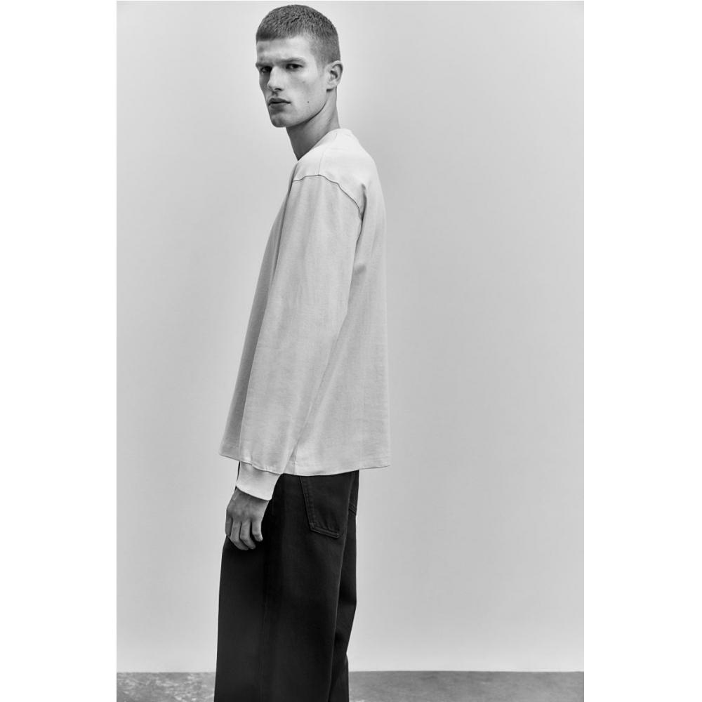 H M Long Sleeve Jersey Top Loose Fit ligHt Beige