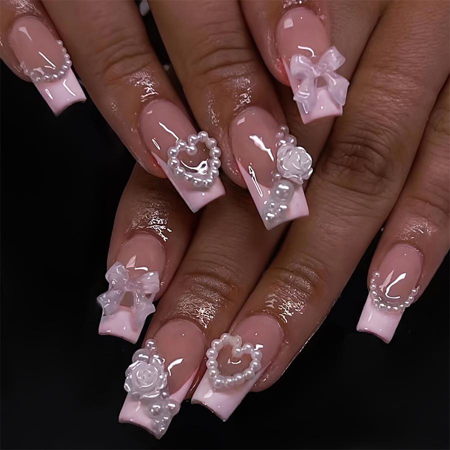 

Cross-border Hot-Selling 3D Bow French Heart Pearl Nail Tips