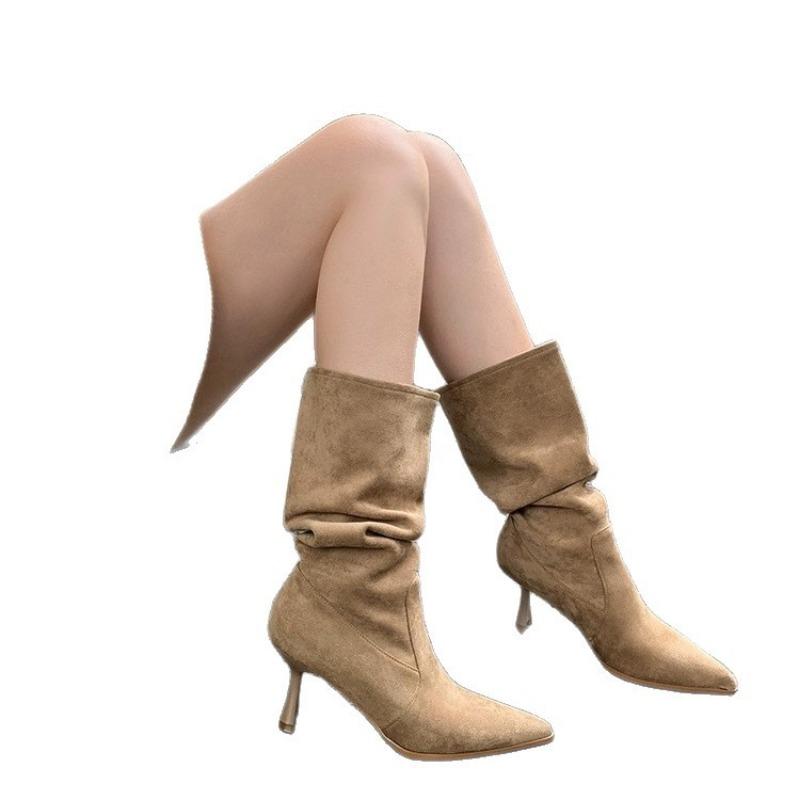 Pile boots women's new autumn fashion temperament high heels medium boots thin heels pointed short boots thin