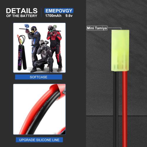 9.6V Nickel-Metal Hydride Battery, High Capacity 1700mAh, with Small Tamiya Plug, Compatible with a Wide Range of Electric Guns and Airsoft Guns