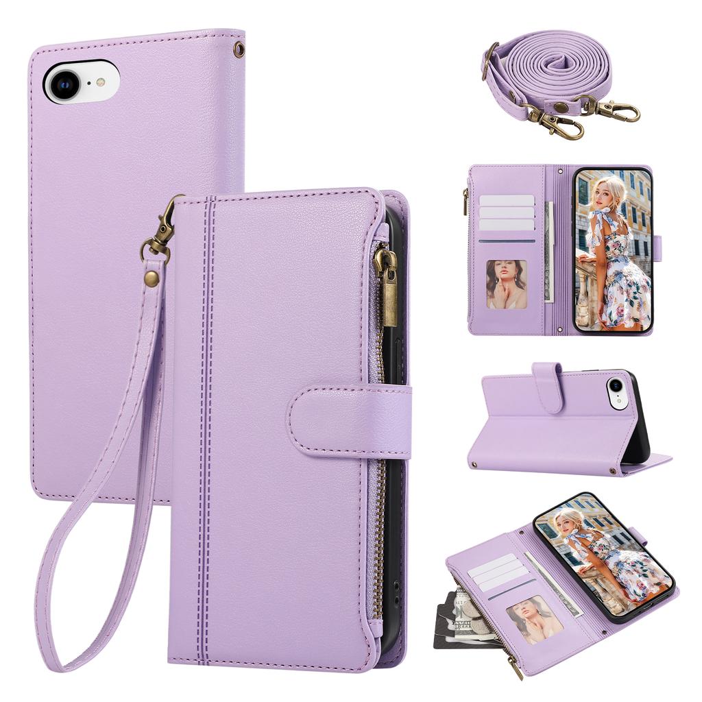 For iPhone 16e Case Multi Card Slots Zipper Leather Phone Cover with Shoulder Strap/Wrist Strap