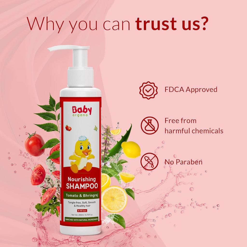 BabyOrgano® Ayurvedisches Bhringraj, Tomaten Tränenfreies Babyshampoo Für Neugeborene Und Kinder Fördert Gesundes Glänzendes 200Ml(0-15 Jahre)