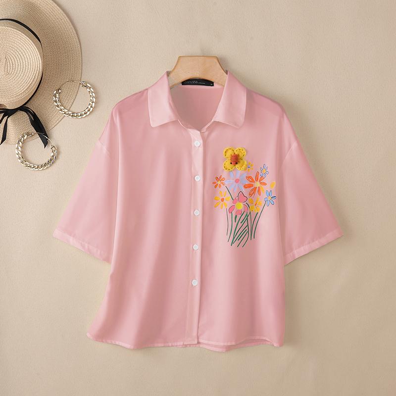 ZANZEA Women Casual Turn Down Collar Loose Floral Print Half Sleeve Blouse