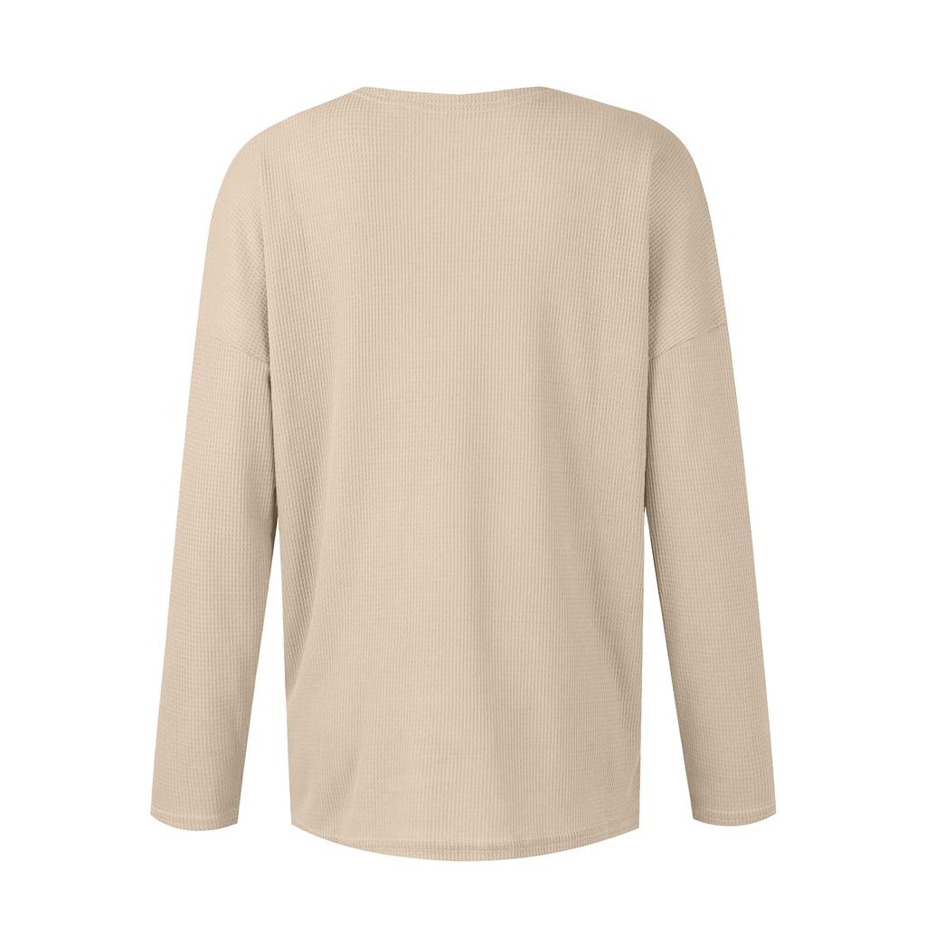 Women's Fashion V-Neck Pullover Button Long Sleeve Solid Color Slim Top