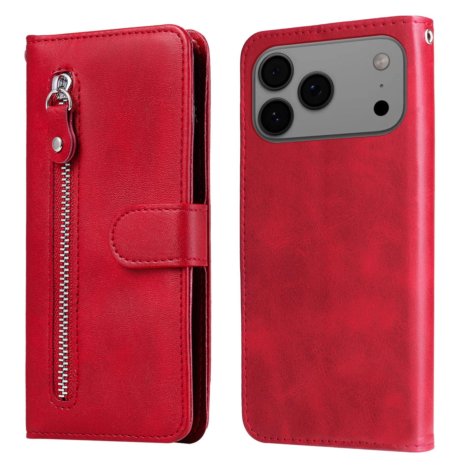 

For iPhone 17 Pro Max PU Leather Cases with Zipper Pocket Wallet Phone Cover Stand Red