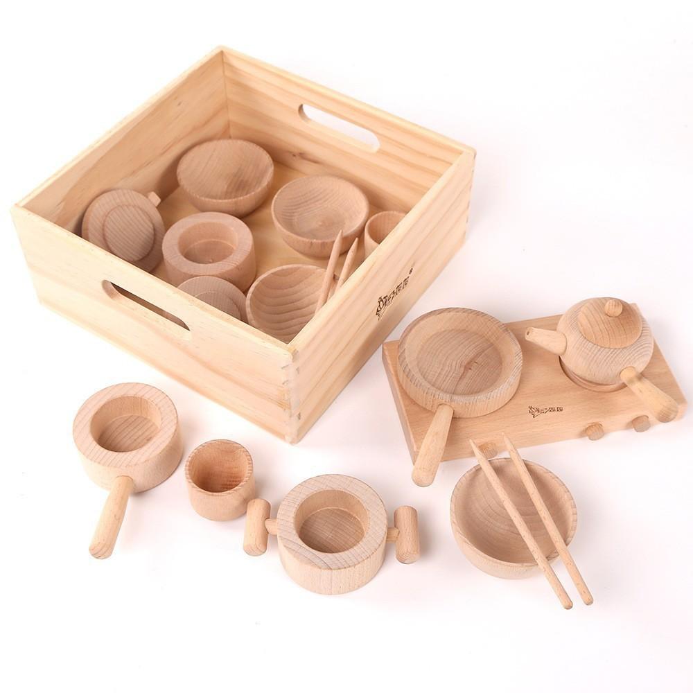 Wooden play house afternoon tea primary color tea art kitchen set simulation teapot teacup chessile kitchen toys