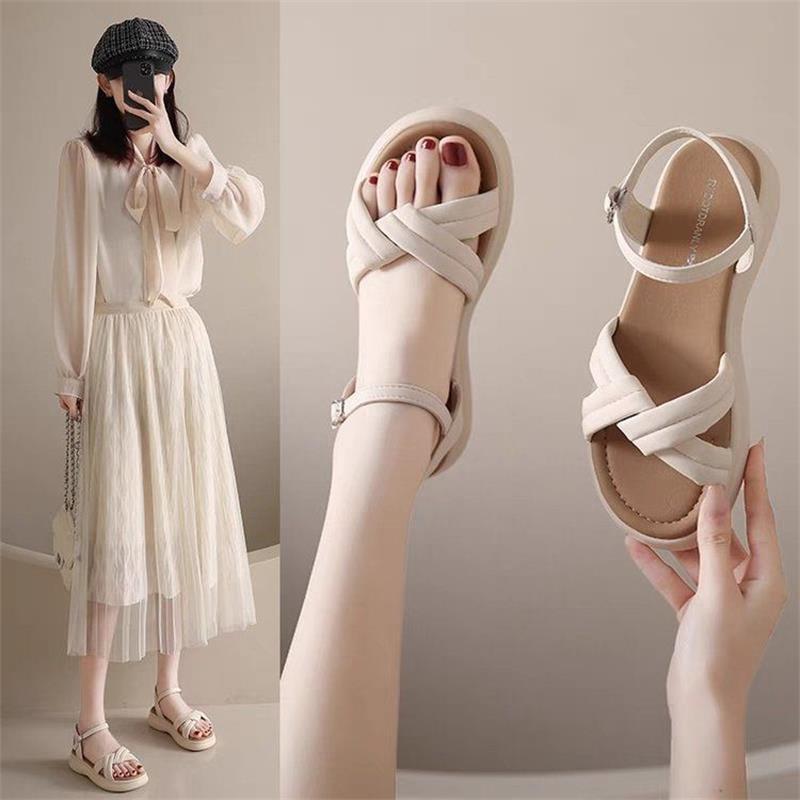 One-word Buckle Flat-soled Soft-soled Beach Shoes 2025 Summer New Cross-strap Internet Celebrity Student Sandals Women's Roman Shoes