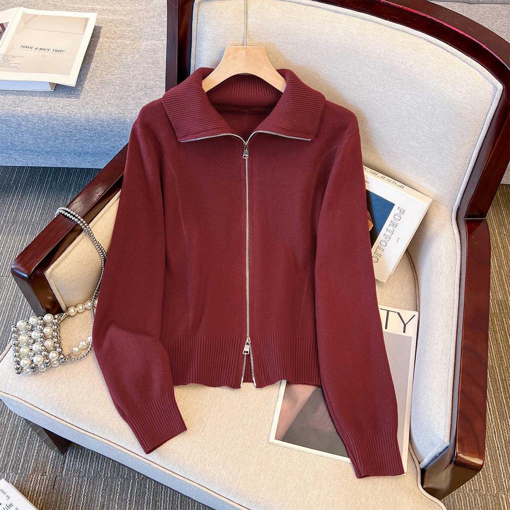 Women's Gray Knitted Stand Collar Zipper Cardigan Jacket - 2026 Spring/Winter Style, Versatile as Inner or Outer Wear, Short Top.