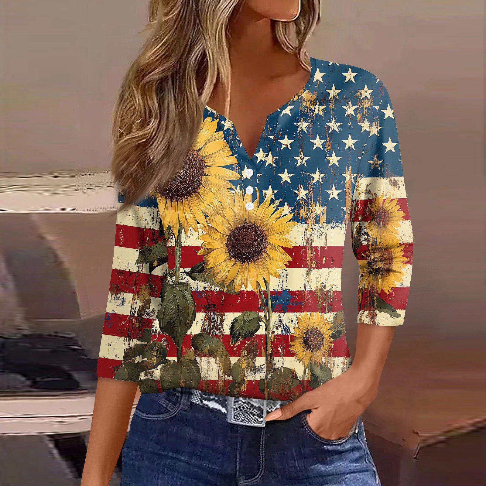 

Женская футболка Принт День Независимости Пуговица 3/4 рукава Повседневная Мода для выходных Базовая V-образный вырез Обычный топ XXL жёлтый