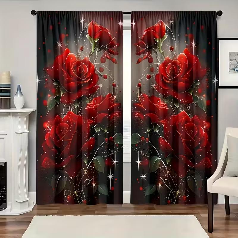 2PCS Red Rose Printed Curtains   Polyester Material Design with Rod Bag   Bedroom   Home Decoration