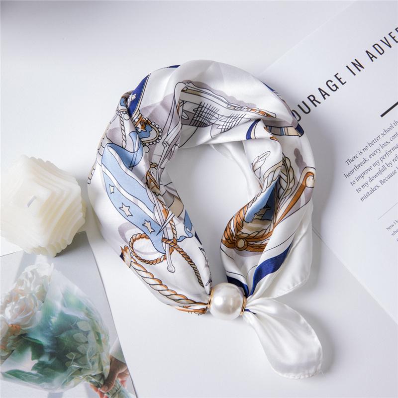 Pearl Magnetic Buckle Silk Scarf Double Square Scarf Necklace Chain Scarf Neck Pattern Small Scarf