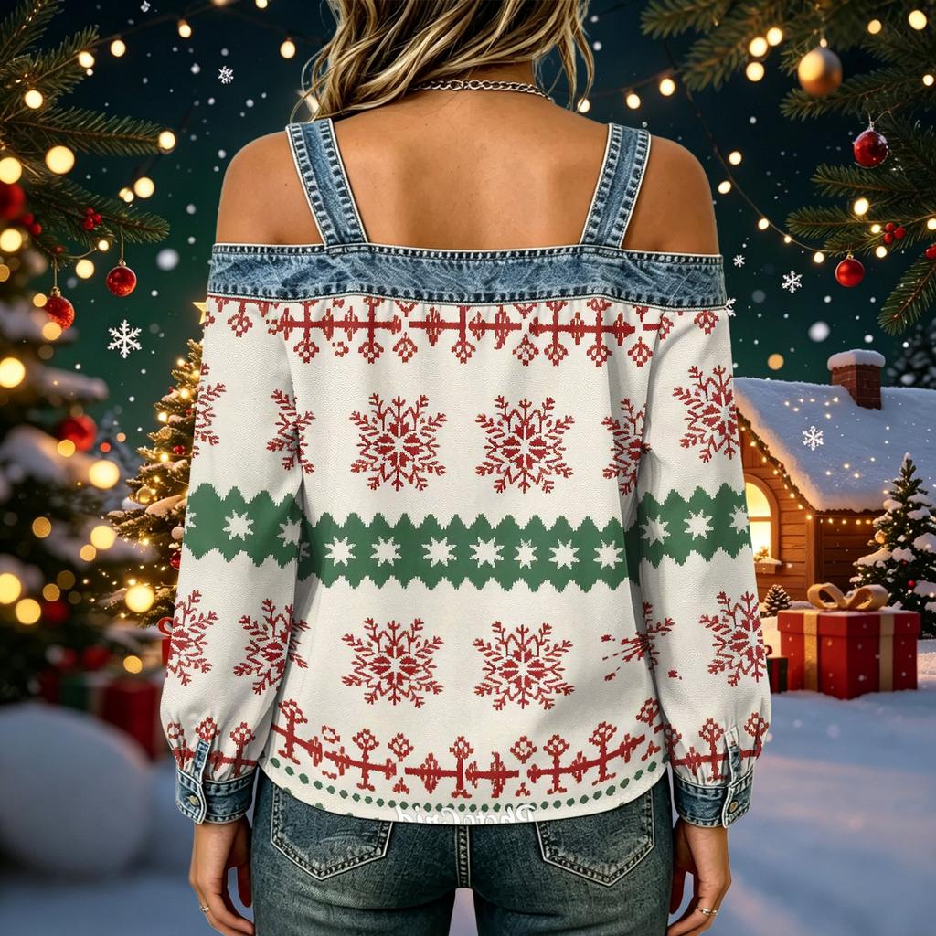 Women's Casual Christmas Print Off-Shoulder Long Sleeve Top