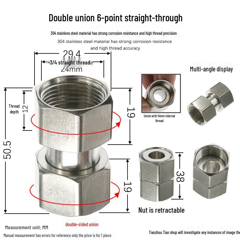 304 Stainless Steel Swivel Union Female Thread Pipe Fitting, Double Female Thread, 6 Points, 4 Points, 1 Inch, for Water Meter/Pump