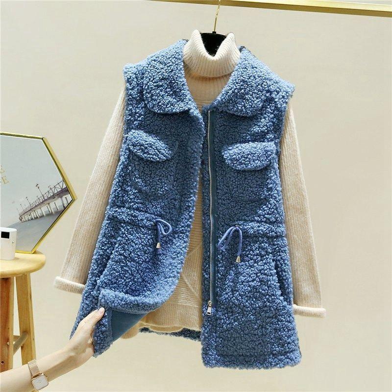 Lamb Wool Waistcoat Jacket Female Autumn and Winter Loose Mid-length Outer Jacket Solid Color Pocket Sleeveless Sweater