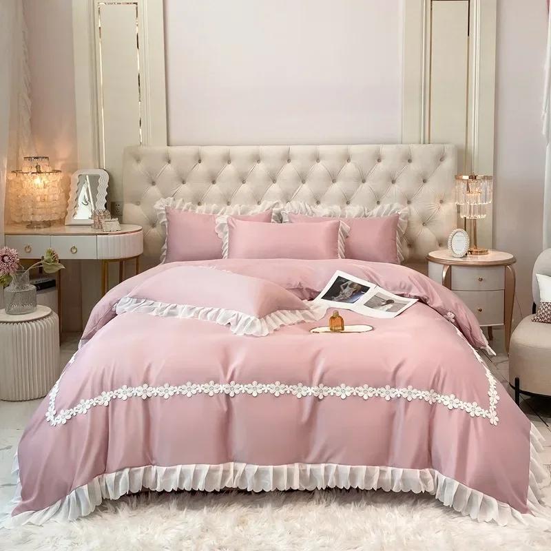 

4PCS/set Cotton Lace Chiffon Cover Summer Quilt, French Large Lace,Alice Series Summer Cool Quilt Air Conditioning Quilt 1.5M-4pcs темно-розовый