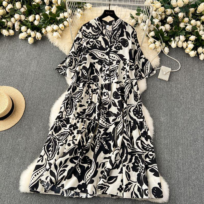 

Plus Size Women s Clothing Idle Style Loose Print Dress Women s Trendy Anti-Aging Slimming Elegant Flab Hiding Draping Effect Long Dress Black apricot All yards