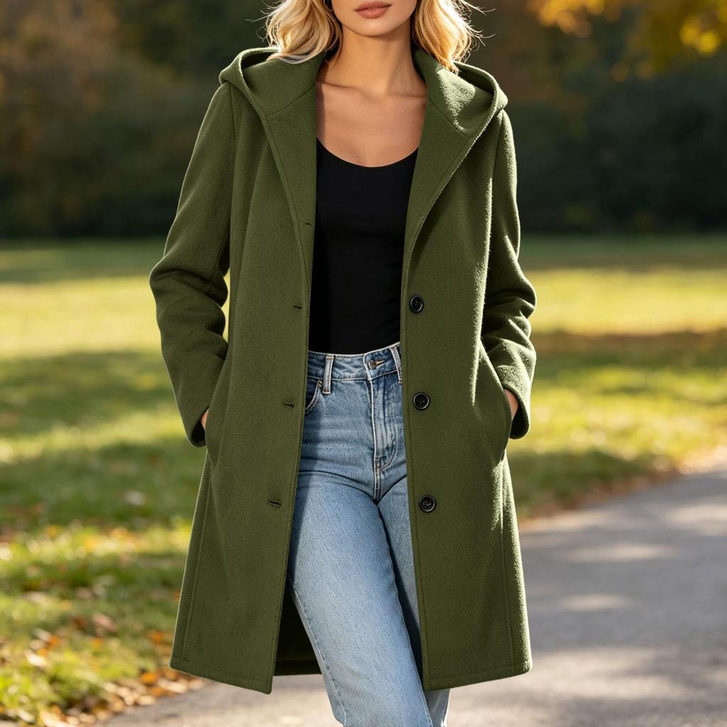 Women's Casual Hooded Single-Breasted Long Woolen Overcoat for Fall and Winter Everyday Wear