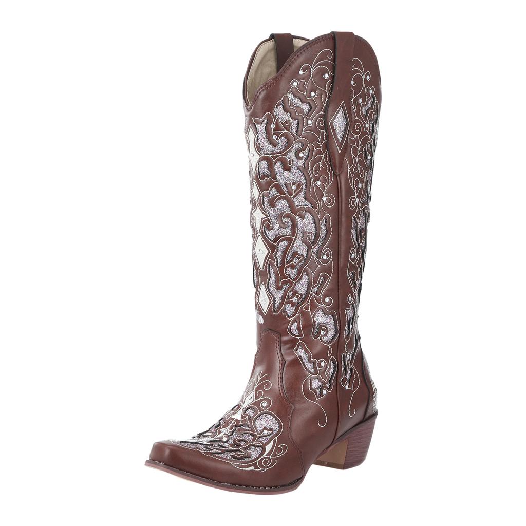 For Women Low Western Rhinestone Heel Boots High Rodeo Knee Studded Extra Wide Calf Boots for Women plus Size Leather