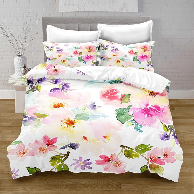 Colorful Flower Green Leaf Bedding Three-Piece Quilt Cover