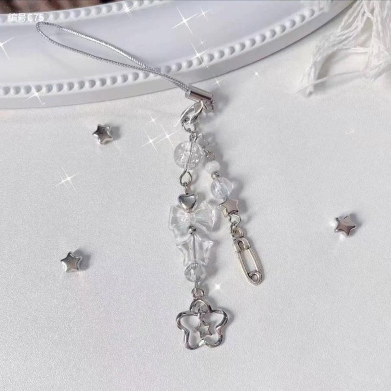 Handmade Bowknot Phone Chain Heart Pendant Keychain Rose Flower Charm Phone Lanyard Straps Acrylic Keyring Bag Ornament
