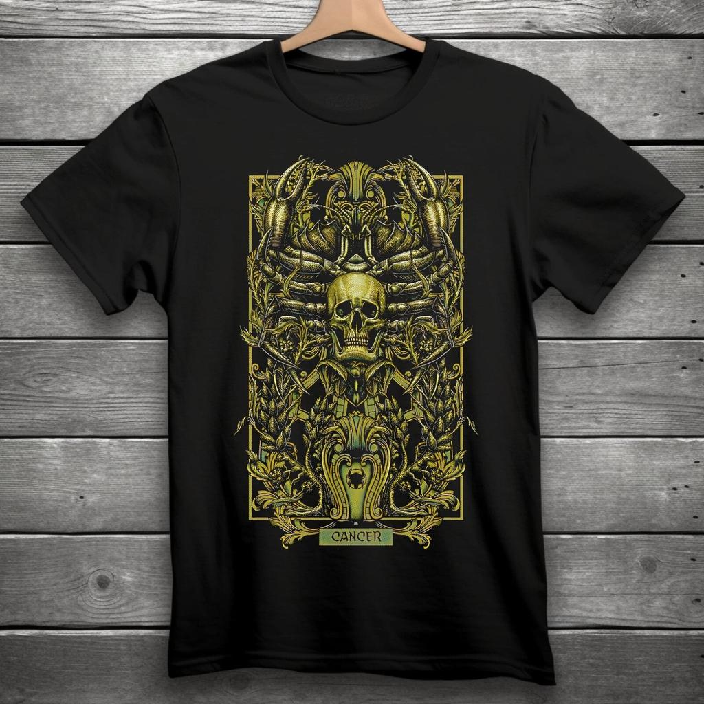 Cancer Zodiac Sign Goth Skull Unisex Black T-Shirt S-3XL