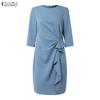 ZANZEA Women Casual Round Neck Solid Color 3/4 Sleeve Sheath Dress