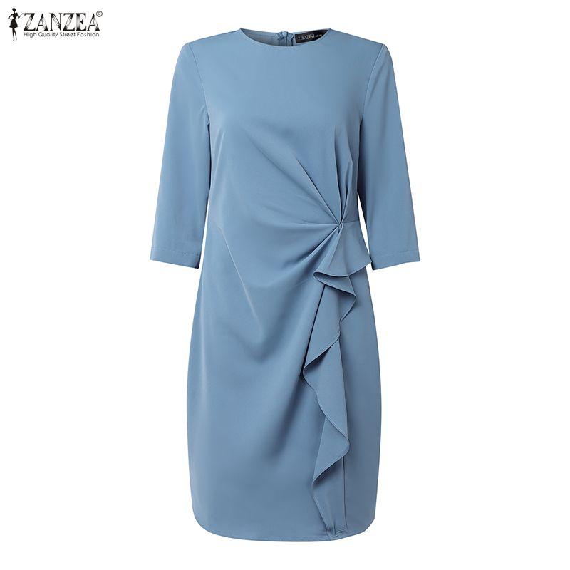 ZANZEA Women Casual Round Neck Solid Color 3/4 Sleeve Sheath Dress
