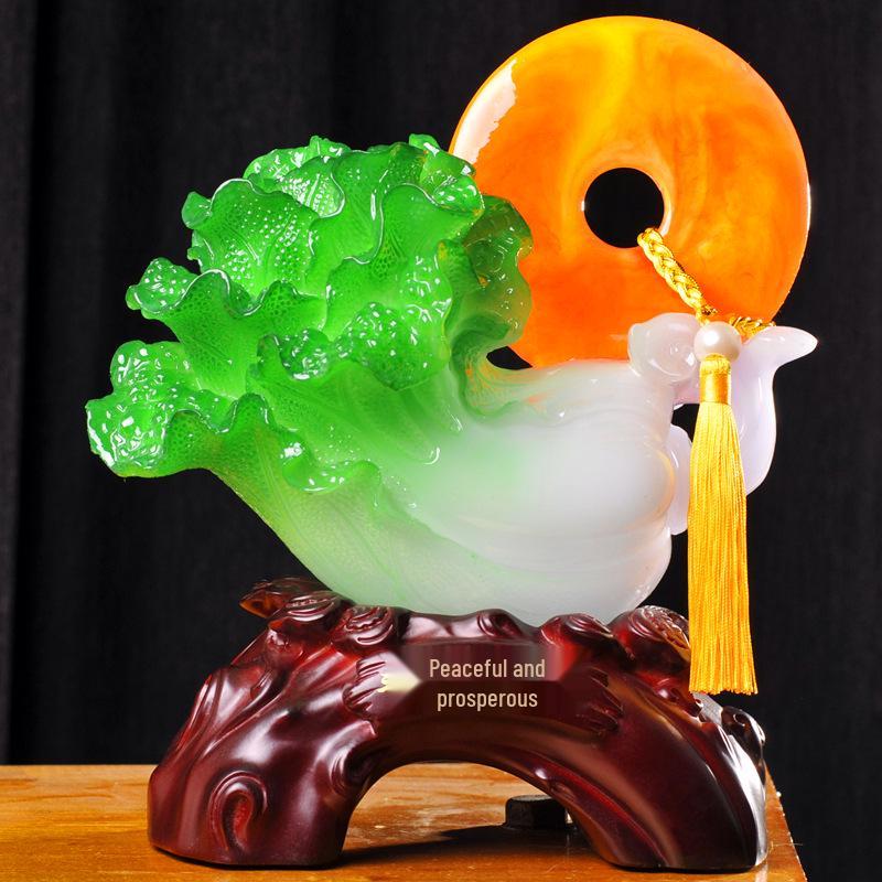 Large Jade Cabbage Ornament with Golden Toad - Living Room, Entrance & Wine Cabinet Decoration Gift