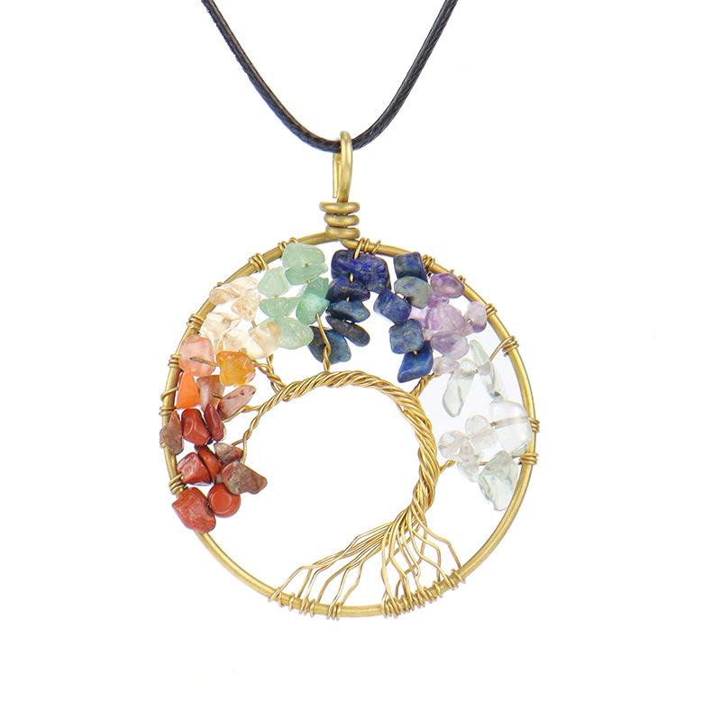 Hand-Wound Natural Gravel Crystal Pure Copper Curved Tree Of Life Pendant Necklace N43